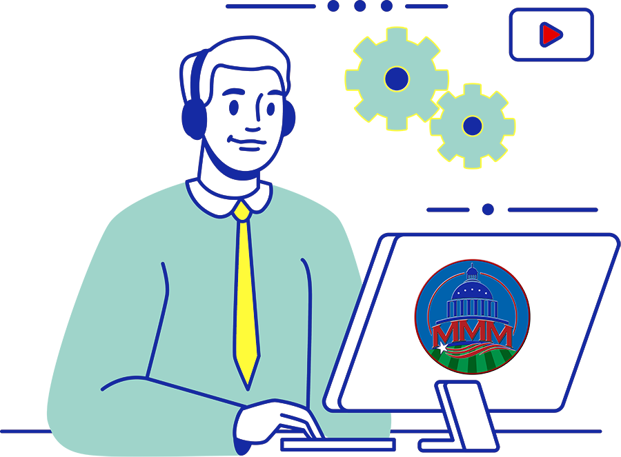 Drawing of a man wearing a headset while sitting at a computer. Gears hover over the computer.