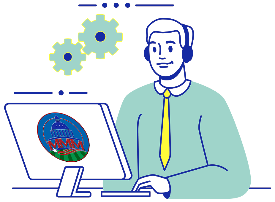 Drawing of a man wearing a headset while sitting at a computer. Gears hover over the computer.
