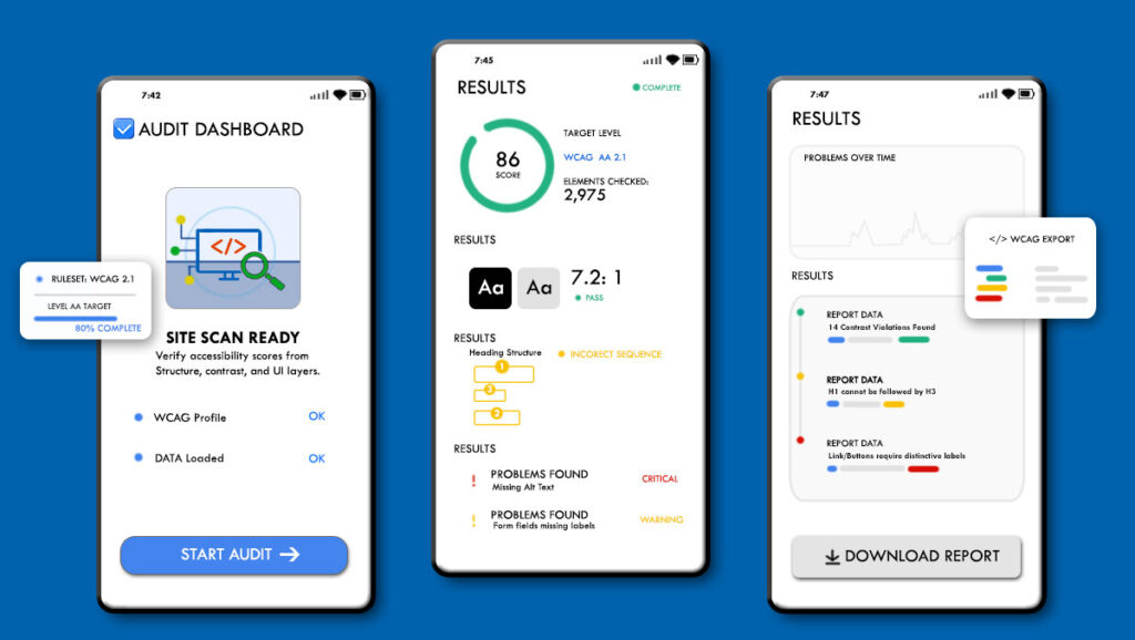 Sample screenshots of a automated accessibility report app