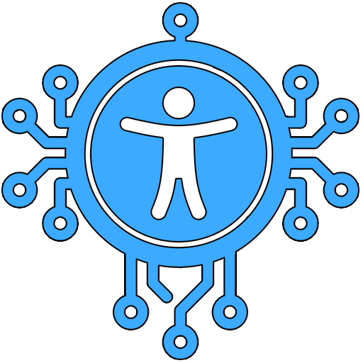 Icon showing familiar ADA / Accessibility symbol surrounded by circuit board lines