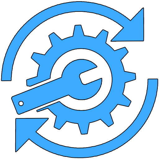 Maintenance Icon featuring a gear symbol, wrench, and two arrows in a circle