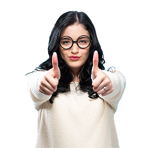 Woman with glasses giving two thumbs up.